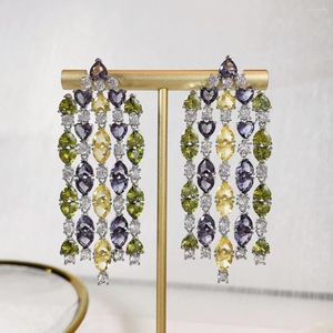 Dangle Earrings SENYU Super Luxury Heart Stone Tassel Earring Shining Green Multicolor Cubic Zirconia Women Banquet Wedding Jewelry