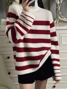 Kobiety swetry kpiąc szyja zimowy sweter luźne w stylu vintage w paski oversized Casual Long Rleeve Black -Black and White Stripe Pullover Knit