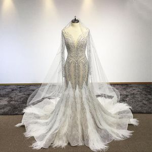 Sexy See Through Crystal Beaded Mermiad Wedding Dress With Feathers Luxury Sparkly Plus Size Dubai Bridal Gown Custom Made334R