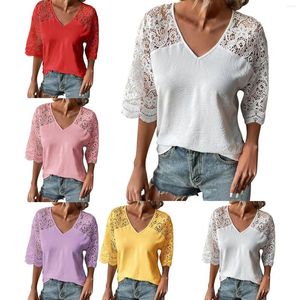 Women's T Shirts Spring/Summer Shirt Loose Casual V Neck Lace Cut Out 5/4 Sleeve Long Exercise Tops