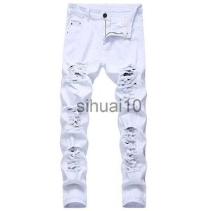 Męskie dżinsy męskie białe dżinsy moda hip hop Raped chudy mężczyzn dżinsowe spodnie Slim Fit Stretch Zwykłe zamki z suwakiem Men Jean Pants Wysoka jakość J230728