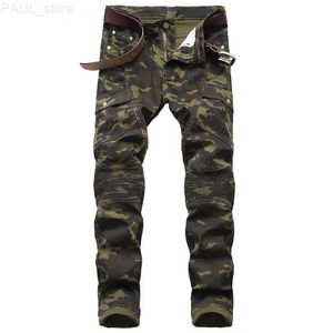 Kamuflaj Erkekler Hip Hop Biker Gerilmiş Kot Street Giyim Pileli Joggers İnce Erkeklerin Çizilmiş Pantolon Pantalones Hombre L230731