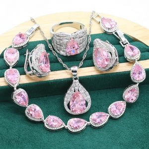 Wedding Jewelry Sets 925 Sterling Silver For Women Green Blue Pink Zircon Bracelet Ear Clip Earrings Necklace pendant Ring Free Gift Box 230729