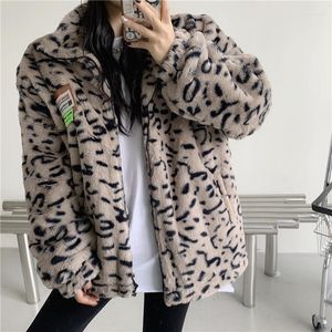 Women's Fur JMPRS Coats Winter Women Loose Leopard Furry Jacket Warm Korean Thick Zipper Up Long Sleeve Ladies Clothes