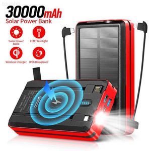 Mobiltelefon Power Banks 30000mAh Wireless Solar Power Bank Portable Charger PowerBank Externt batteripaket Inbyggt kabel för Xiaomi iPhone Huawei L230731