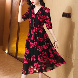 Casual Kleider 2023 Sommer Mode Gedruckt Seide V-ausschnitt Kleid Elegante Hohe Taille A-Line Koreanische Vintage Dame