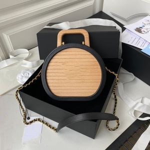 10A najwyższej jakości Flap Fashion Fashion okrągłe drewniane pudełko kosmetyczne kobiety makijaż oryginalny skórzany łańcuch torba na ramię 21 cm dama