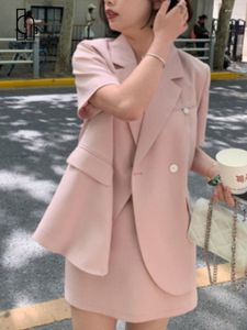 Two Piece Dress Women Elegant Pink Black Short Sleeve Blazer Suuit Female Mini Skirts 2 Set Korean Simple Sweet Summer A-line Skirt Suit