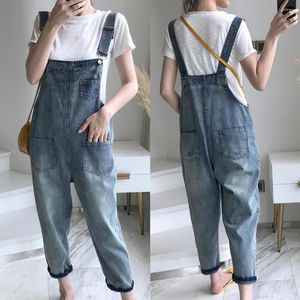 Kvinnors jeans avslappnade fickor kvinnor denim löst byxor Suspender övergripande dungarees nionde