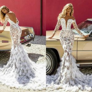 Dubai Luxus Feder Brautkleider Plus Size Langarm Rückenfrei Illusion Spitze Applizierte Brautkleider Meerjungfrau Hochzeitskleid2404