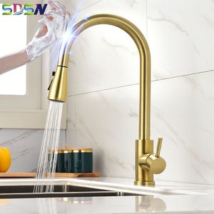Kitchen Faucets Smart Touch Kitchen Faucet Three Function Pull Dow Sprayer Cold Kitchen Mixer Tap Brushed Gold Touch Pull Out Kitchen Faucet 230729