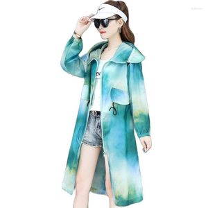 Kadın Ceketleri Güneş Koruma Giyim Ceket Diz üzerinde Uzun 2023 Yaz Baskı Drawstring İnce Kapşonlu Bayan Gevşek Ceket