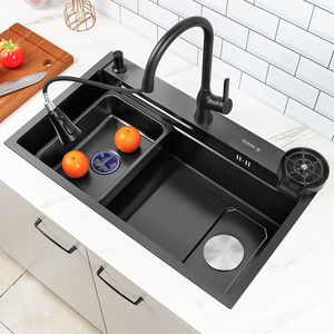 Kitchen Sink Multifunktionella handfat redskap för kök Stort Wash Basin Smart Sink Black Bowl Diskmaskin