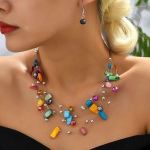 Necklace Earrings Set Europe And America Bohemia Women Colorful Multi Layer Artificial Crystal Shell Pendants Drop