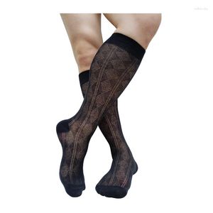 Men's Socks See Through Mens Rhombus Striped Knee High Long Tube Black Formal Dress Suit Sexy Stocking