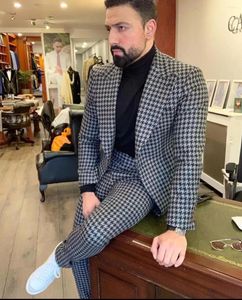 Houndstooth Mens 2PCSウェディングタキシードヴィンテージフィットフォーマルグルームウェアツイード2ピースジャケットパンツcoustime homme luxe