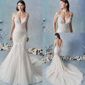 MERMAID KENNETH WINSTON WEDDINGドレスノースリーブチュールレースアップリケバックレスウェディングガウンスイープトレインローブデマリエ242Y