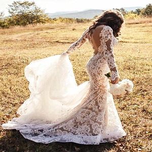Sexy Nude And Ivory Mermaid Wedding Dress Full Lace Appliques Sheer Backless Buttons Back Long Sleeve Country Bride Dresses Bridal2146