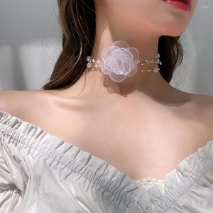 Choker Elegant White Lace Big Rose Flower Clavicle Chain Necklace For Women Wed Imitation Pearl Rope Aesthetic Neck Jewelry