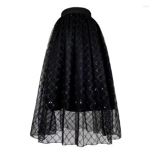 Röcke 2023 Sommer Trend Koreanische Kleidung Mode Vintage Chic Und Elegante Hohe Taille Lange Midi Gothic Schwarz Rock Plaid Pailletten tüll