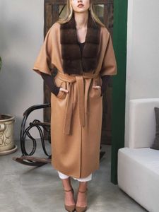 女性の毛皮のフェイクファーoftbuy 2023 X-Long Real Fur Coat Winter Jacket Women Warm Natural Mink Fur Collar BlendウールルースファッションアウターウェアHKD230727