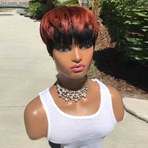 Human Hair Capless Wigs Ombre Red Color Short Wavy Bob Pixie Cut Wig Full Machine Made Non Lace Human Hair Wigs With Bangs For Black Women Z230731