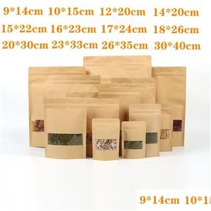 Förpackningspåsar 14 storlekar Mat fukt Proof Packaging Tätning Pouch Brown Kraft Paper med transparent Clear Window Drop Delivery Office OTADP