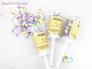 Bannerflaggor 10st/set Push Up Popper med Unicorn Pastel Confetti Wedding Party Explodering Confetti Popper för Baby Bridal Shower Decoration 230731