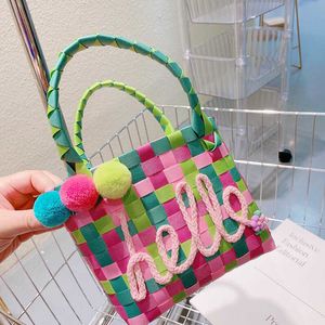 Totes 2023 Summer New Rainbow Color Ball Woven Vegetable Basket Bag Parent Child Handbag Small Square Beach 230731