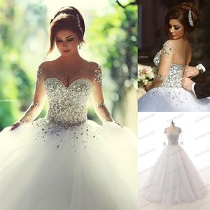 Luxurious Rhinestones Crystal Ball Gown Wedding Dresses Vintage O Neck Long Sleeves Backless Plus Size Floor-length Bridal Gowns335F