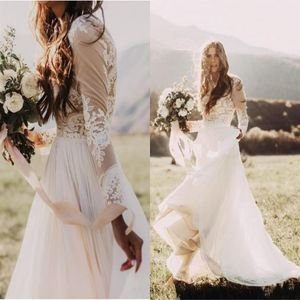 Bohemian Country Wedding Dresses With Sheer Long Sleeves Bateau Neck A Line Lace Applique Chiffon Boho Bridal Gowns Cheap3513