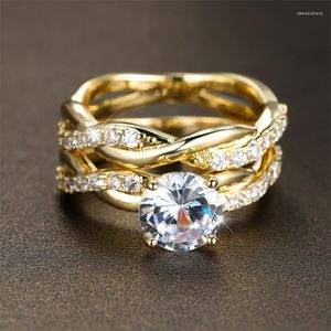 Bröllopsringar lyxig kvinna vit blå kristallring set charm guld silver färg sten för kvinnor brud zirkon engagemang