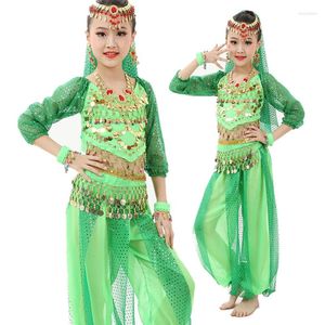 Scenkläder 6pcs/set Belly Dance Costumes Kids Bollywood Girls Gift S-XL Long Sleeves Dress for Children