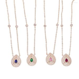 Kedjor Fashion Blue/Green/Pink/Red Color Crystal Water Drop Pendant Halsband Rhodiumpläterade CZ -halsband hängsmycken för kvinnors presentidé