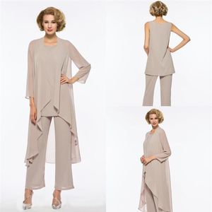 Schicke, stilvolle Hosenanzüge für die Brautmutter, elegantes 3-teiliges Chiffon-Kleid für die Strandhochzeit, Outfits für die Brautmutter, mit Jacke Pant265J