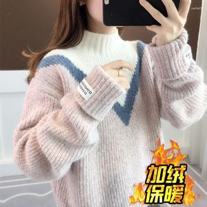 Kvinnors tröjor Pullover Sweater Jacket Autumn Winter Warm Half Turtleneck Female Korean Loose Thick Bottoming Knitwear 3XL