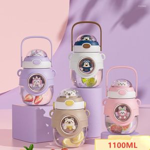 Su Şişeleri 1100ml Çocuk Şişesi Kawaii Plastik Kupa Kapak ve Samanlı Şirin Karikatür Tumbler Okul Kız Taşınabilir Sızdır Drinkware