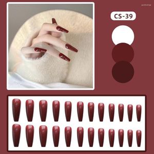 Falska naglar 24st vinröd falskt långa platt head fransk stil färdig nagelbit med gelé gel/lim konstgjord MH88