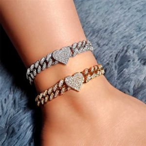 Trendiga Ny Iced Out Heart Crystal Cuban Chain Anklets Armband för kvinnor Top Hop Paved Rhinestone Link Anklet Barefoot Jewelry 230719