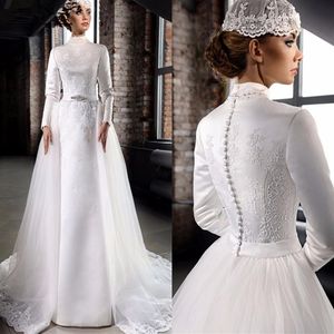 Modest Satin A Line Muslim Wedding Dresses High Neck Satin Long Sleeves Lace Applique Beaded Bridal Gowns With Tulle Detachable Tr219D