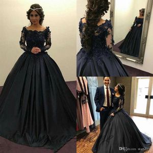 Elegant Amazing Black Ball Gown Wedding Dresses Scoop Long Sleeve Bridal Gowns Robe De Mariee Applique Boho Country Wedding Dresse2939