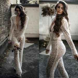 Bohemian 2021 Jumpsuits Wedding Dresses Lace Appliqued Bridal Gowns Deep V Neck Beaded Crystal Boho Robes De Mariee257Y
