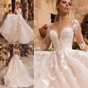 Naviblue 2020 Bröllopsklänningar Sheer Neck Long Sleeve Lace Bridal Gowns Robe de Mariee Middle East Custom Beach Wedding Dress212f