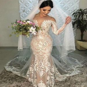 Champagne Wedding Dresses Boho Elegant Lace Mermaid Wedding Dress Illusion Neck Long Sleeves Country Garden Bridal Gowns2840