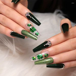 False Nails 24Pcs/Box Green Glitter Nail Rhinestone Long Full Cover Tips Press On Fake