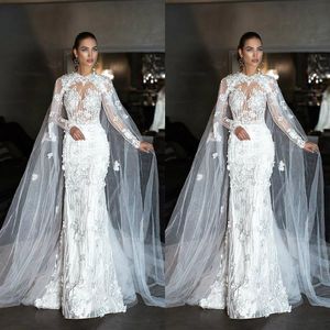 Favolosi abiti da sposa a sirena con collo gioiello a capo Abito da sposa in pizzo 3D Abiti Dubai Abito da sposa a maniche lunghe da spiaggia Plus Size215D