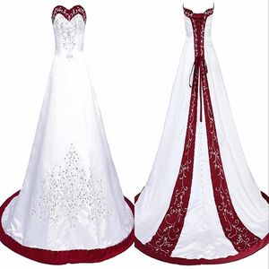 Elegant Red And White Wedding Dress Embroidery Princess Satin A line Lace up Back Court Train Sequins Beaded Long Cheap Wedding Go209M