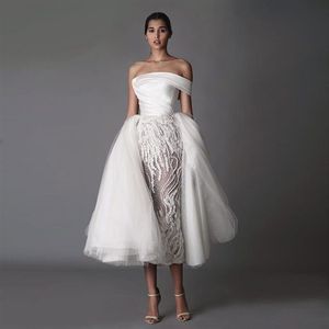 Stylish Overskirt mantel bröllopsklänningar pärlor av axeln korta strand brudklänningar te längd satin vestido de novia249o