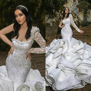 2021 Luxury Ruffles Mermaid Wedding Dresses Plus Size One Shoulder Chapel Train Gorgeous Bridal Gowns Nigerian Arabic Marriage Dre226u