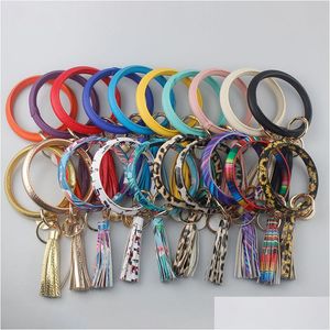 Keychains Lanyards Women Tassels Bracelets Pu Leather Wrap Key Ring Leopard Lily Print Wristband Sunflower Circle Bangle Chains Wris Otega